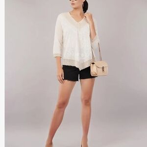 Cotton Tunic Top 3/4 Slevees M  Ethnic Embroidery Lace Asimetric Boho Beige